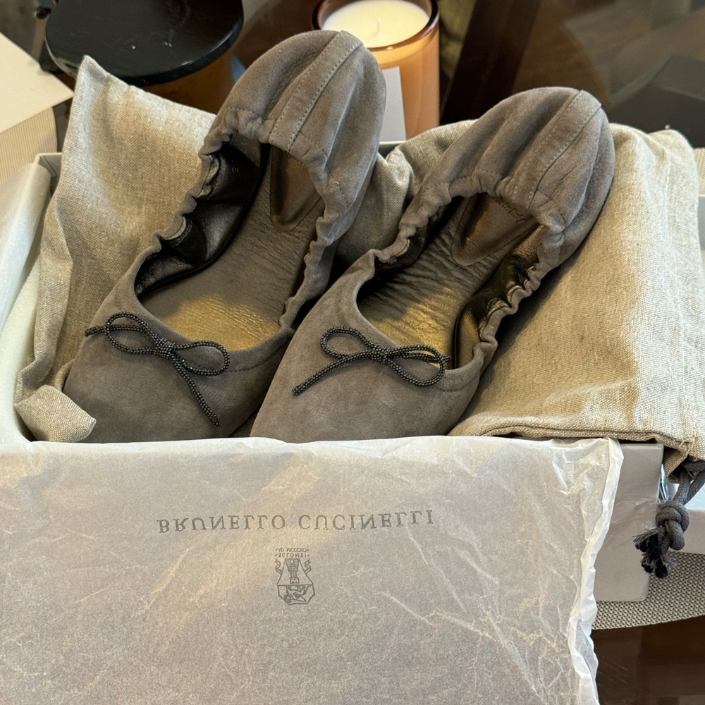 Brunello Cucinelli Square Toe Dark Grey Suede Ballet Flats 39 - Picture 4 of 11